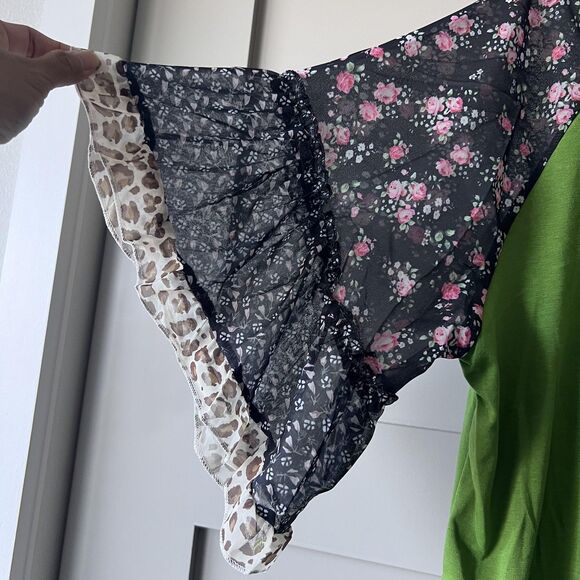 Boho Floral Leopard Floral Top Women Large Green Black Ruffle Bell Sleeve Tiered - Picture 5 of 9